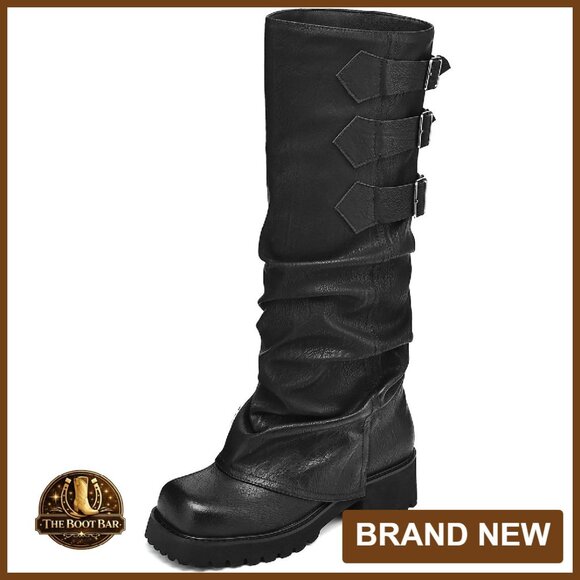 Knee High Fold Over Platform Boots Square Toe Buckle Moto Style